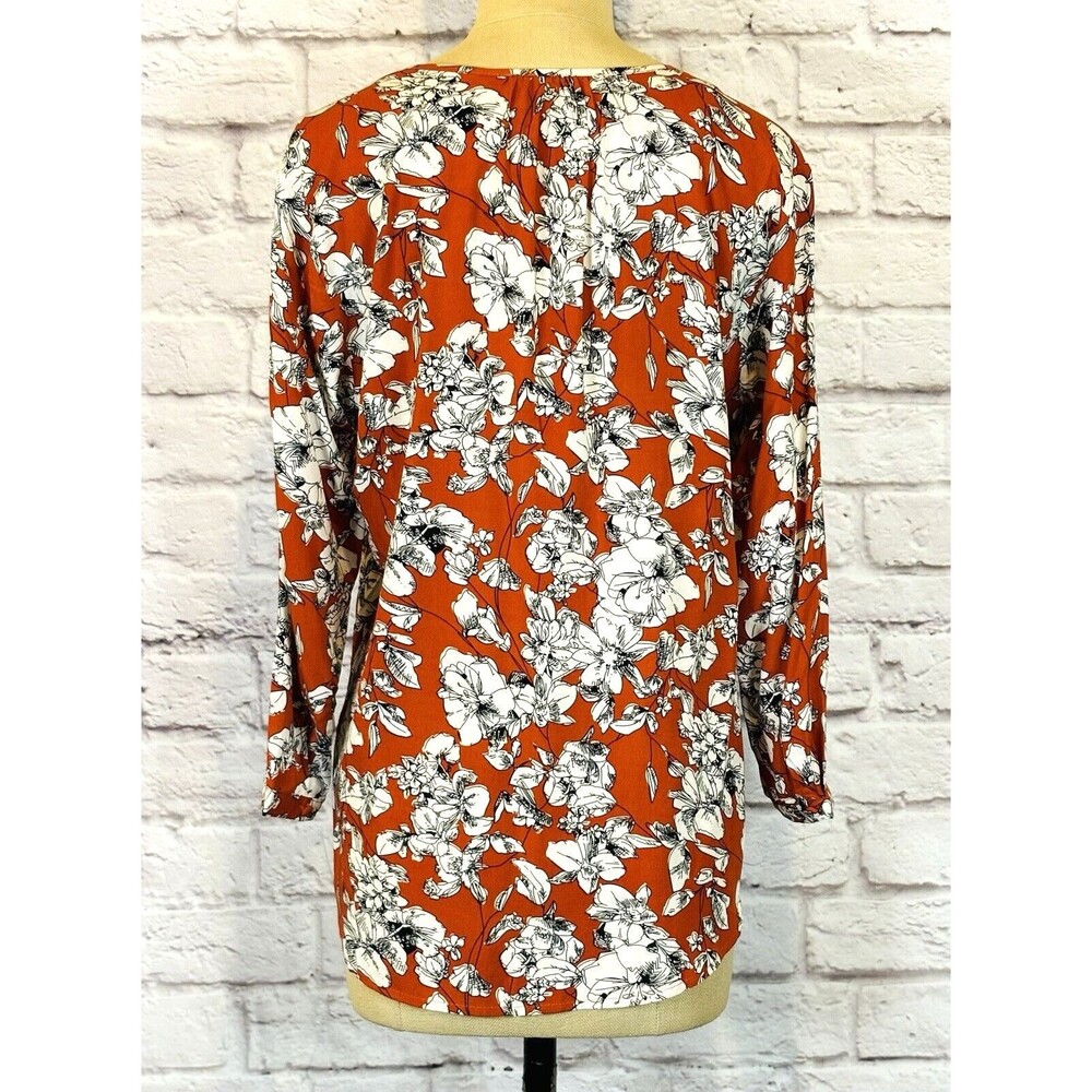 Maley Womens SMALL Top Pleated Detail V Neck Floral Shirt 3/4‎ Sleeve Rust White - Picture 7 of 12